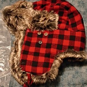 Men's Red and Black Plaid Trapper Hat